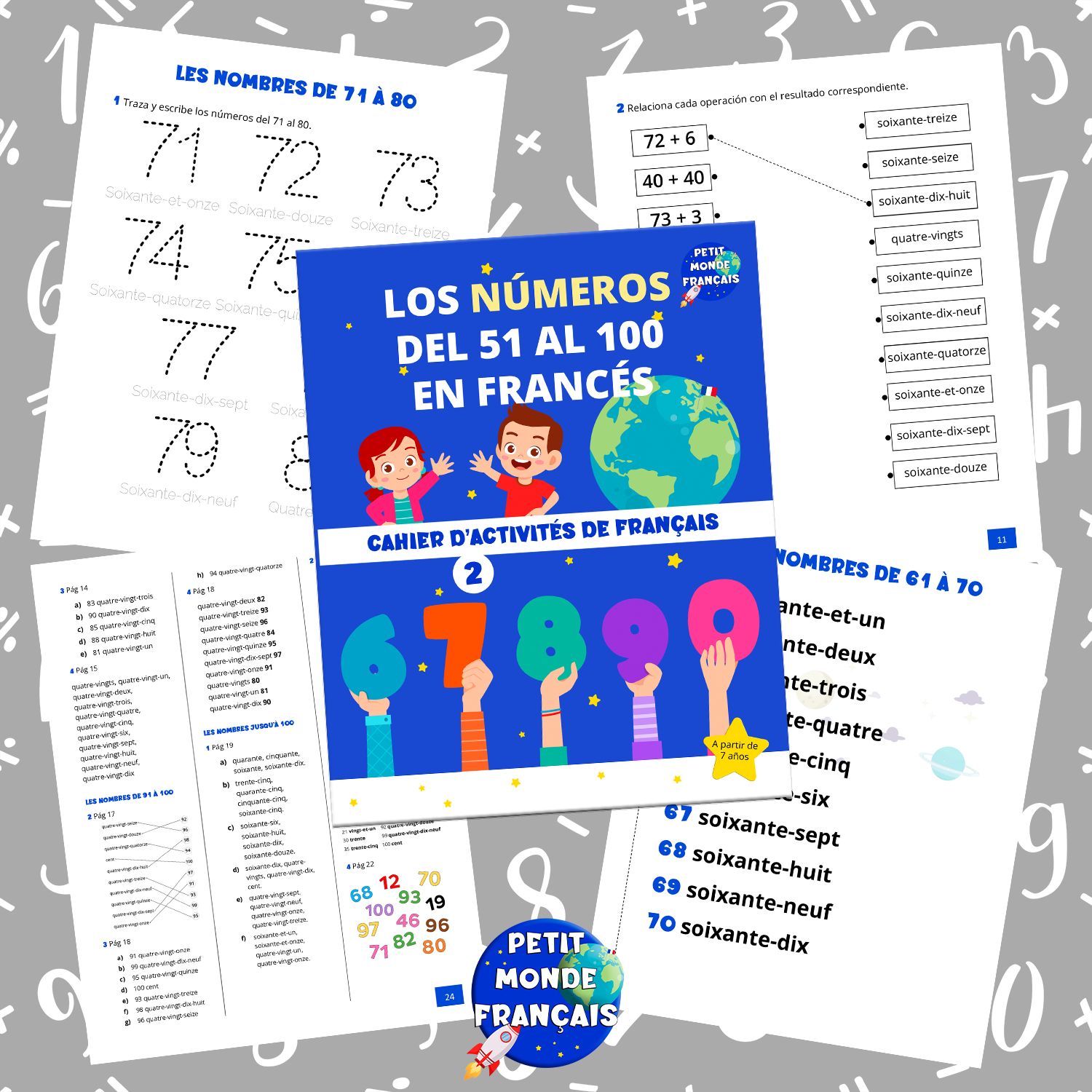 Cuaderno de actividades: Los números del 51 al 100 en francés