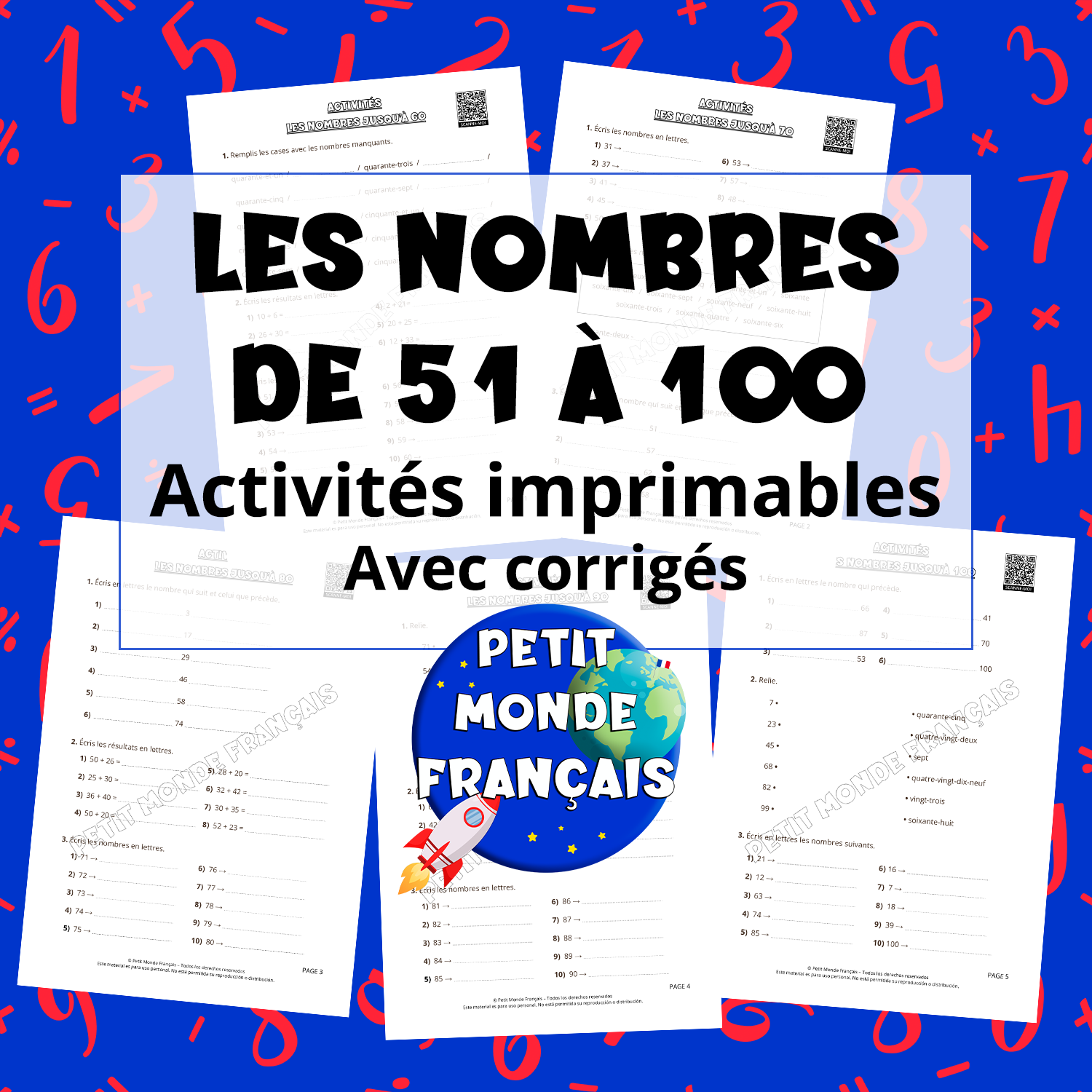  Fichas de actividades - Los números del 51 al 100 en francés con Petit Monde Français